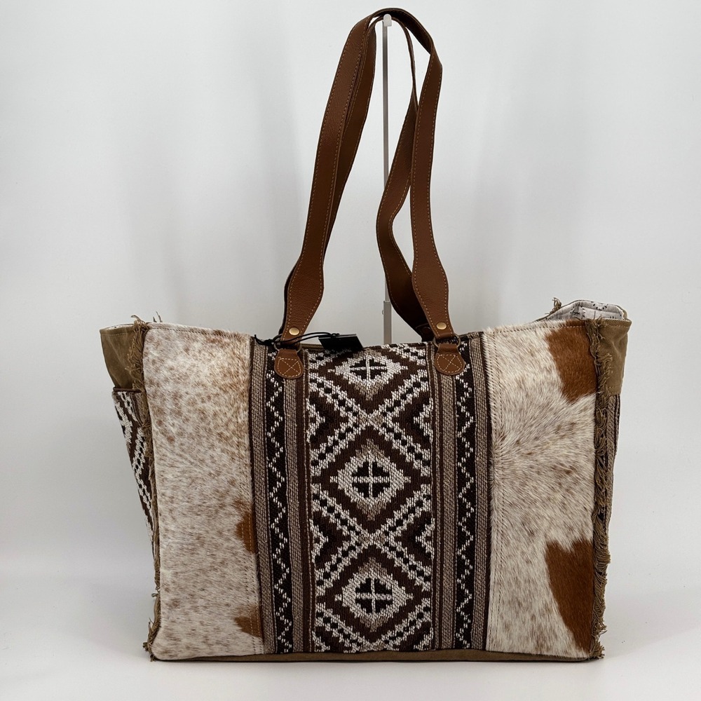Myra Bag Elisa Weekender Bag Women Large Brown Cowhide Tribal Canvas S-6202 New